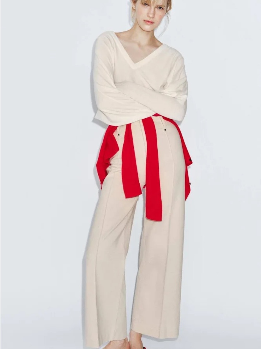 Zara Cream Wide-Leg High-Waist Pants with Red Sash Detail